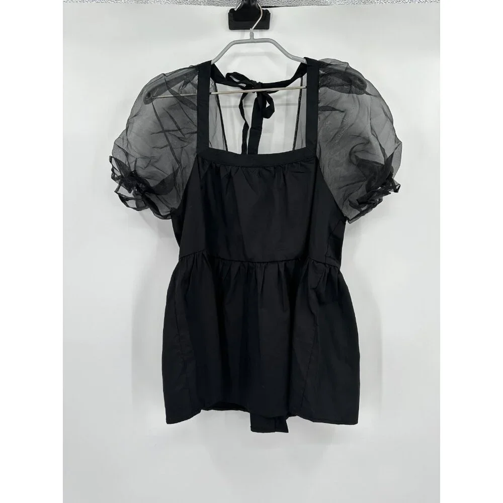 Pomander Place Tuckernuck Women's Black Tinsley Top Blouse Sheer Puff Sleeve XS